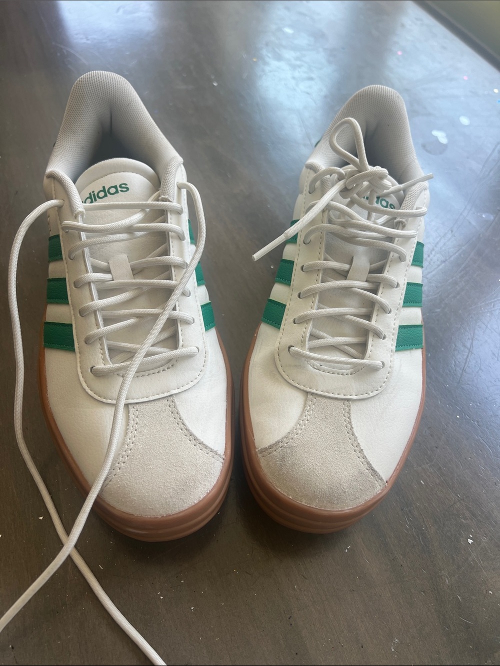 adidas White Sneakers with Green Stripes and Gum Outsole